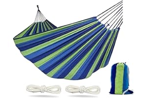 QUNLIONS LIFE Camping Hammock 550lb Upgraded Thickened 320G Durable Canvas Fabric Single Hammocks with Two Anti Roll Balance Beam and Sturdy Metal Knot Tree Straps for Camping, Patio, Backyard, Outdoor (Blue)…