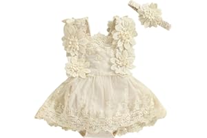 HEOXIN Bebé Recién Nacido Vestido Romper Niña, Bebé de Encaje Bordado de Flores Tutu Vestido, Sin Mangas A-Line Vestido de Princesa con Flores Diadema Bodysuit de 3 Meses-3 Años, Beige