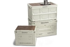 Qunature Boîte Camping Pliable 26L/55L/60L Caisse Rangement 5 Voies Ouvertures avec Couvercle Bois Planche Comme Billot Table Voyage Famille Coffre Voiture PP Blanc Charge Interne 30kg Externe 50kg