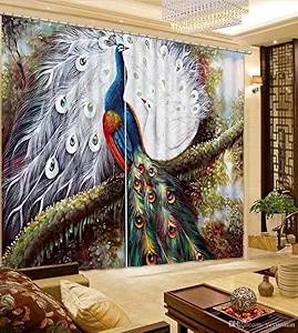 FDV 3D Peacock Digital Printed Polyester Fabric Curtains for Bed Room, Living Room Kids Room Color Green Window/Door/Long Door (D.N.734) (4 x 9 Feet (Size: 48 x 108 Inch) Long Door, 1)