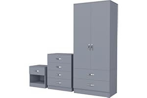 Nera Bedroom Furniture Set 3 Piece Set Wardrobe with Drawers Chest of Drawer Bedside Table Bedroom Storage (Matt Grey)