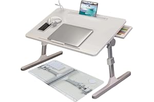 HshDUti Składany stojak na laptopa do łóżka, składany stolik na laptopa z gniazdem na tablet, biurko na laptopa z regulacją wysokości i kąta, stolik z portem ładowania USB, światło USB i wentylator,