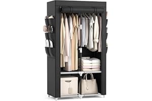 Vicye Armadio a Risparmio di Spazio, Armadio in Tessuto con 2 Barre Appendiabiti, 4 Ripiani e 6 Tasche Laterali, Armadio per Camera da Letto, Dormitorio o Spogliatoio, Nero(90 x 45.5 x 172 cm)