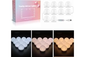 Akynite Spiegelleuchte Hollywood 10 LED Birnes mit Adapter, 3 Farbwechsel & 10 Helligkeit, Spiegellampe USB mit Schalter und Kabel, Spiegel Beleuchtung Dimmbar für Schminktisch Kosmetikspiegel