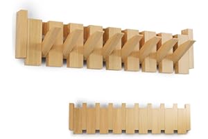 Kiseely Wooden Coat Rack, Wall Mounted Handmade Natural Hook, Space-Saving Coat Hanger with 10 Flip-Down Hooks for Entryway, Bedroom, Bathroom Decoration (Beech K1, 8 Hooks)