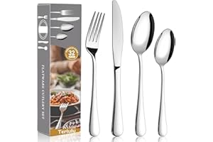 TERLULU Cutlery Set, 32 Piece Stainless Steel Flatware Set Including Knives Forks Spoons Teaspoons, Service for 8, Dishwasher Safe/Easy Clean, Mirror Polished