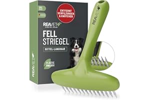ReaVET Peine de pelaje para perros y gatos de pelo largo, desenredador con dientes redondeados, elimina nudos y enredos, alisa y desenreda el pelo