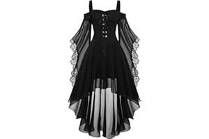 HAOLEI Medieval Costume Women, Halloween Dresses Vintage Lace Renaissance Victorian Dress Cold Shoulder Butterfly Sleeve Retro Steampunk Rockabilly Goth 80s Dress Ladies