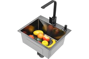 HuKaiL Diskbänk i rostfritt stål, diskbänk med 180° varmt och kallt med kran och dräneringskorg, kommersiell diskbänk, komplett diskbänk med 150 ml tvåldispenser för familj, garage, trädgård, 40 x 45