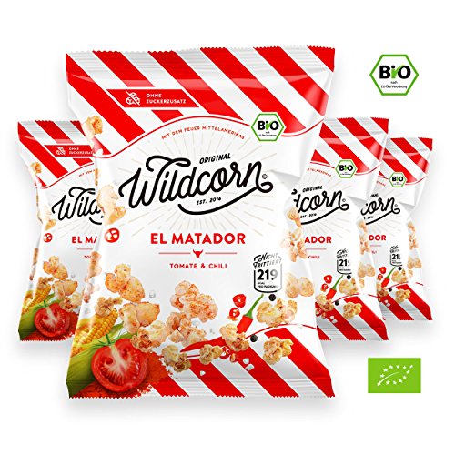 Wildcorn - salziges Popcorn - Tomate Chili (4x50g) | gesunder Snack | leckere Alternative zu Chips | Superfood für Büro, Unterwegs, Kino | vegan | 100% Bio | ohne Zuckerzusatz | glutenfrei | Healthy Food | El Matador