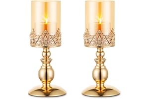 NUPTIO Candelabros de Pilar con Vidrio, Juego de 2 Candelabros Oro para Huracanes Regalos para la Decoración del Hogar, Candelabro para el Aniversario Bodas Centros Mesa para Fiestas Casa, Tamaño Pequeño