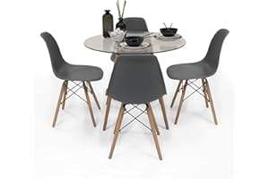 SENSACION DE HOGAR HOMELY MUEBLES DECORACION DESCANSO Homely - Conjunto de Comedor Nordic Cristal 100 Mesa de Cristal Redonda de 100 cm y 4 sillas nórdicas (Gris Oscuro)