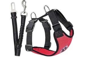 SlowTon Ensemble de Harnais et Laisse de sécurité de Voiture, Multifonction Tissu Réglable Respirant Gilet Ordinaire Harnais avec Ceinture De Sécurité en Voiture Route Voyage Promenade