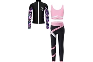 Mufeng 3 Pezzi Tuta da Ginnastica Bambina Giacca da Pattinaggio Artistico con Pantaloni Leggings Top Corto Reggiseno Completo Danza Moterna Jazz Hip Hop