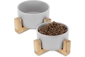Navaris Ciotole per Cani Gatti - 2 Ciotoline Ceramica Rialzate 550ml con Supporti bambù per Animali Domestici - Scodella Rialzata Cane Gatto - Grigio