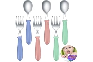 DIUJHUUY 3 Set/6 Pcs Toddler Cutlery Fork and Spoon Set, Toddler Children's Cutlery Utensils Spoons Forks Tableware Set, Stainless Steel Self Feeding Spoon and Fork - 3 x Forks, 3 x Spoons