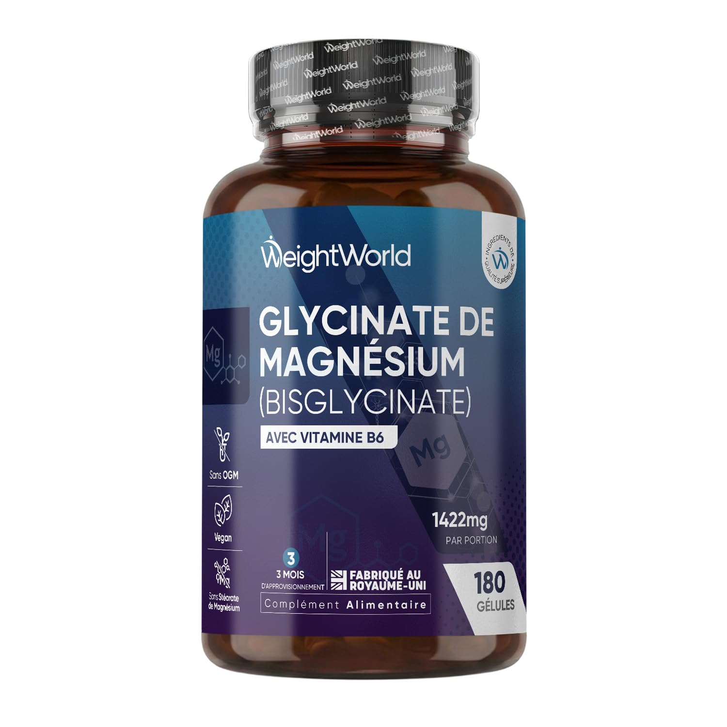 Magnesiumbisglycinaat + vitamine B6 1422 mg – 180 veganistische capsules | Magnesium helpt vermoeidheid en uitputting te verminderen (EFSA) - 2 capsules per dag voor 3 maanden levering
