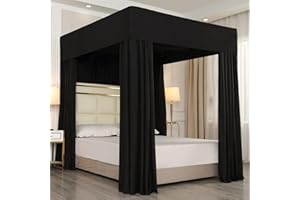 Mengersi Black Four Corner Post Canopy Bed Curtains Sheer Cover Canopy Bedroom Decoration Lightproof (Full, Black)