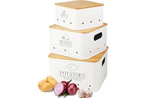 Otauoaea Caja Para Guardar Patatas - Juego de 3 Tarros de Patatas Tarro de Cebolla Tarro de ajo - Almacenamiento Cocina con Tapa de bambú y Orificios de Ventilación - Almacenamiento Espacioso - Blanco