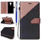 FESELE Vintage Lederhülle für [Huawei Mate 9] Flip Case, Color Blocking Hülle Leder Tasche Abdeckung für Huawei Mate 9 Frosted effects Strap Lanyard Design Brieftasche Kartenfach Ledertasche Handyhülle mit Standfunktion und Magnetverschluss Wallet Klapphülle Cover für Huawei Mate 9 + Blau Eingabestift Stylus Touch Pen-schwarz + Braun