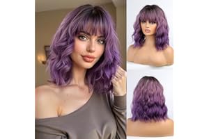 Esmee Bob Perruque Ombre Violet pour Femmes de 14 Pouces avec franges, Court onduléesNaturelle, Perruque Synthétique Résistante à la Chaleur pour la Fête Quotidienne Cosplay