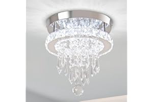 FINKTONGLAN Fintonglan Crystal Chandeliers LED Ceiling Light Modern Round Crystal Chandelier Chrome Flush Mount Ceiling Lights for Bedroom Living Room Foyer Hallway Kitchen(Cool White)