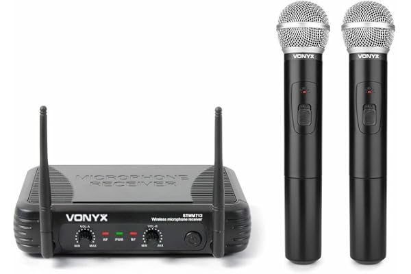 Vonyx STWM712 Système Micro sans Fil VHF 2 Canaux, Idéal pour les Évènements Professionnels, Transmission jusqu'à 50 Mètres, jusqu'à 8 Heures d'Autonomie