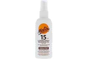 Malibu Sun Lotion en spray SPF 15, crème solaire de protection moyenne, résistante à l'eau, enrichie en vitamines, à l'extrait de beurre de karité, 100 ml