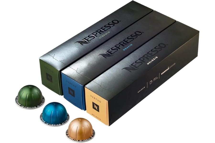 Nespresso Vertuo Coffee Pods, Pack of 30, 10 x Melozio, 10 x Stormio, 10 x Odacio capsules for Nespresso Machines. Make Espressos, Cappuccino and Lattes at home. Recyclable Pods.
