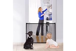 Nasjac Magic Gate for Dogs, 110cm Foldable Mesh Pet Stair Cat Gate Fence with Strong 3M Adhesive Hooks, Stairs Porch Protective Secure Guard to Keep Dogs Away for Small Kittens, Puppy, Baby