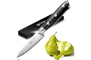 PAUDIN, coltello da cucina damascato 9 cm, coltello per frutta e verdura, coltello giapponese AU10, con manico ergonomico in Micarta nero