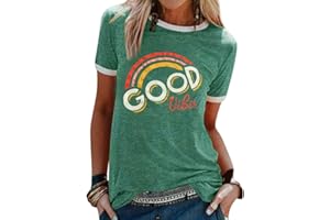 Dresswel Women's Good Vibes T-Shirts and Blouses, Rainbow Print, Crew Neck, Short-Sleeved Tops