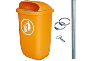 BRB Waste Bin for Outdoor Use, Capacity 50 Litres, According to DIN 30713, in Complete Set with Galvanised Pipe Posts and Clamps (Orange)