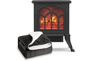 NEWTECK-Camino Elettrico Portatile a Fiamma Classica con Termostato, 2 Livelli, Sensore di Sicurezza Surriscaldamento, 750/1000W, 355x465x250mm + Coperta