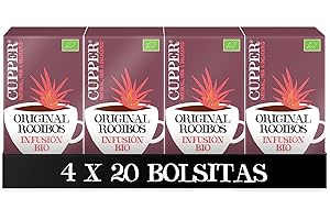 Cupper - Pack de 4 Cajas de 20 Bolsitas de Infusiones Ecológicas Original Roiboos - Propiedades Refrescantes y Digestivas - No Contiene Teína de Forma Natural - Apto para Veganos