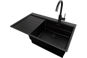 PRIMAGRAN Lavandino da Cucina Tutto Nero 78x50cm, Lavello in Granito a 1 vasca + Rubinetto 32x20cm + Sifone Classico, Lavabo Incasso al mobile 50cm - Sydney S304