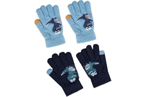 Uzepie 2 Pairs Kids Winter Gloves - Magic Stretch Soft, Full Finger Knitted Gloves for Boys & Girls, Blue & Black