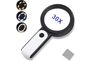 ROTOPATA Loupe de Lecture avec 18 lumières LED, Double lentille en Verre avec grossissement 30 x, Loupe Grossissante à Main,Loupe Eclairante pour Lecture, Seniors, Malvoyant, Observation et Travaux Manuels