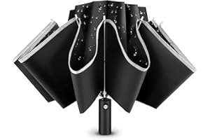 GlasFlength Parapluie Pliant Grand, Parapluies Anti Vent 105 cm Parapluie Inversé Compact 10 Baleines Réfléchissant Parapluies Umbrella Automatique Portables Parapluie Compact pour Homme Femme (Noir)