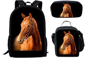 Biyejit Horse Print Backpack Set 3 PCS Kids School Bag and Insulted Lunch Bag Pencel Case Set for Teen Boys