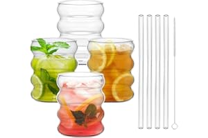 DTYGUIXE 4 Pz Bicchieri in Vetro Ondulato Creativo Tazze di Vetro Creative Vintage Ondulazione da 350ml Bicchieri Trasparenti a Forma di Ondulazione con 4 Pz Cannucce per Succhi di Frutta, Birra, Vino