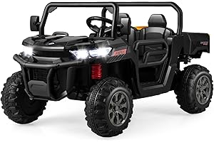 GOPLUS Kinder Elektroauto, 2-Sitzer Kinderauto mit Kippbett, Schaufel & Fernbedienung & Musik & Scheinwerfer & Hupe, 12V Kinderfahrzeug mit Slow-Start-Funktion & Sicherheitsgurt (Schwarz)