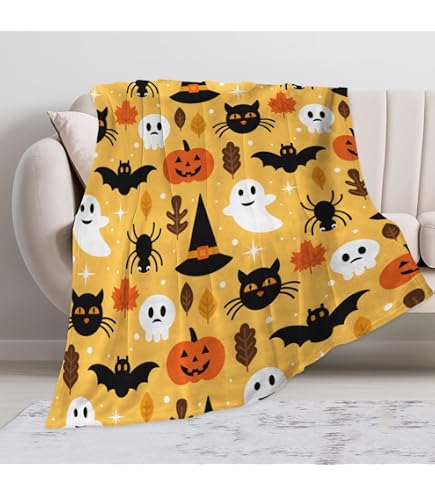 Couverture Polaire Halloween Bedlam – 120x150 Cm – Chauves-Souris & Crânes Orange – Super Douce, Réversible – Plaid Cosy Toute L'Année