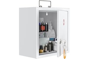 Uniclife Wall Mount Medicine Cabinet with Key Lock & Handle Locking First Aid Lockable Medical Storage Box Medium Medicine Organizer Secure Steel Wall Cabinet Metal Storage Box, White