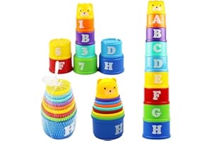 VIKSAUN 9 Pz Tazza Impilabile giocattolo educativo Impilare Tazza Gioco Educativa per Bambini con lettere e numeri pieghevoli cubi Arcobaleno Colore Tazze Blocchi Torre Colorata Giocattolo Formativo