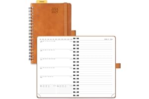 POPRUN Agenda de Poche 2025 A6 Semainier D'août 2024 à déc 2025 Scolaire - Couverture Souple à Spirale, Papier 80 g/m², Boucle de Stylo Autocollante - Petit Format 16 x 10,5 cm, Marron