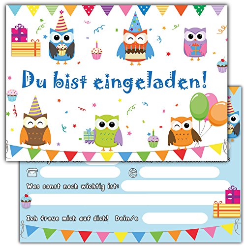 12 Einladungskarten zum Kindergeburtstag „Eulen“ // Geburtstagseinladungen Einladungen Geburtstag Kinder Erwachsene Jungen Mädchen Einladungstext 1. Vorlagen Karten Set - 5