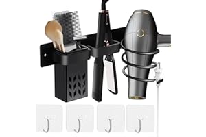CHAMSUREUK Straightener & Hair Dryer Holder Wall Mounted, Bathroom Hair Styling Care Tool Organizer, Multi-Functional Space Saving Storage Bracket with Plug Hook & Cup with 4X Self adhesive hooks