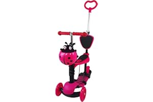 GIZASTAR 5-in-1 Kids' Scooter with Adjustable Height, Push Handle and Seat, Pink Ladybird Design, Light-up Wheels, Ages 2+