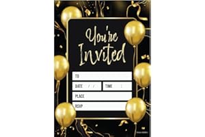 Kirsten McMillan 32 Black & Gold Balloon Birthday Invitations - A6 Birthday Party Invitations Cards for Adults with Envelopes – Invites Designed and Printed in the UK